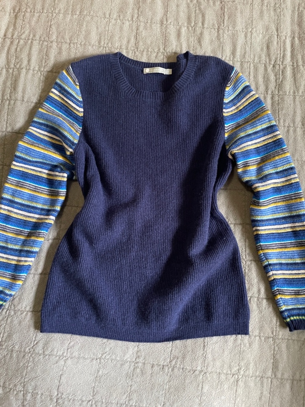 InCashmere Navy Blue Crewneck Sweater with Multicolor Striped Sleeves